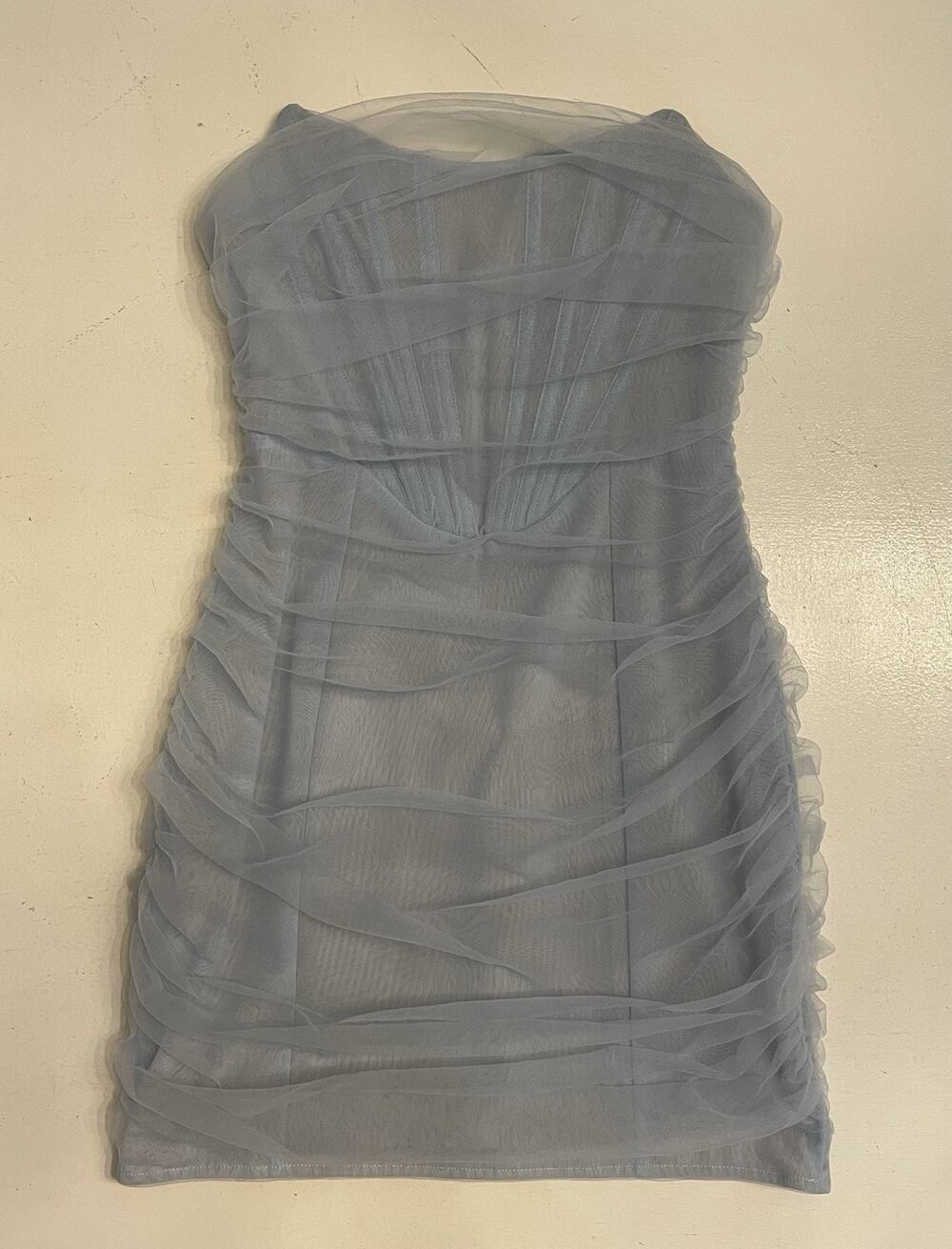 White Fox For The Night Ruched Mesh Strapless Mini Corset Dress Baby Blue Small